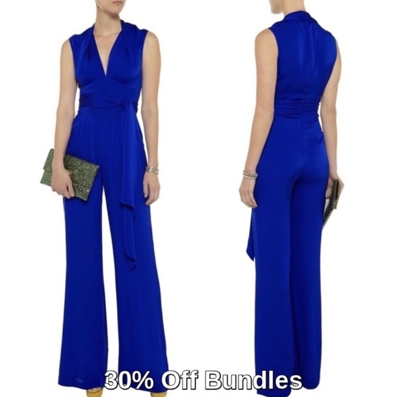 Catherine Malandrino Pants - Catherine Malandrino Blue Belted Silk Jumpsuit